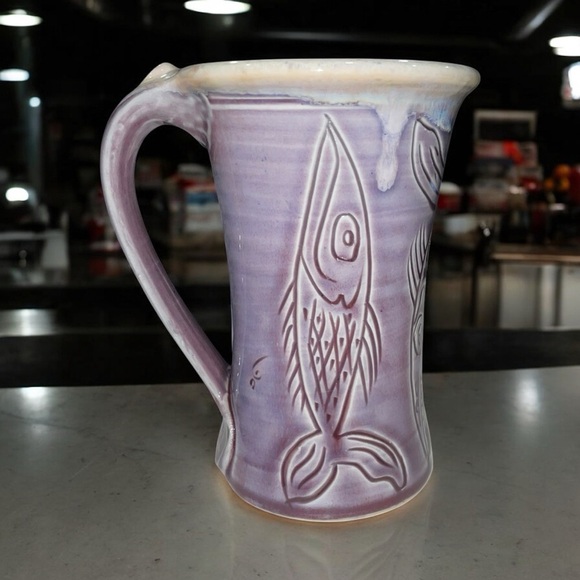 Handmade Purple Pottery Mug with Fish Carving Unique – Signed – 6” Tall 20oz - Picture 1 of 12